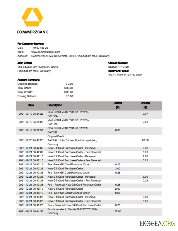 Modèle de relevé bancaire de la Commerzbank Allemagne, format Word et PDF